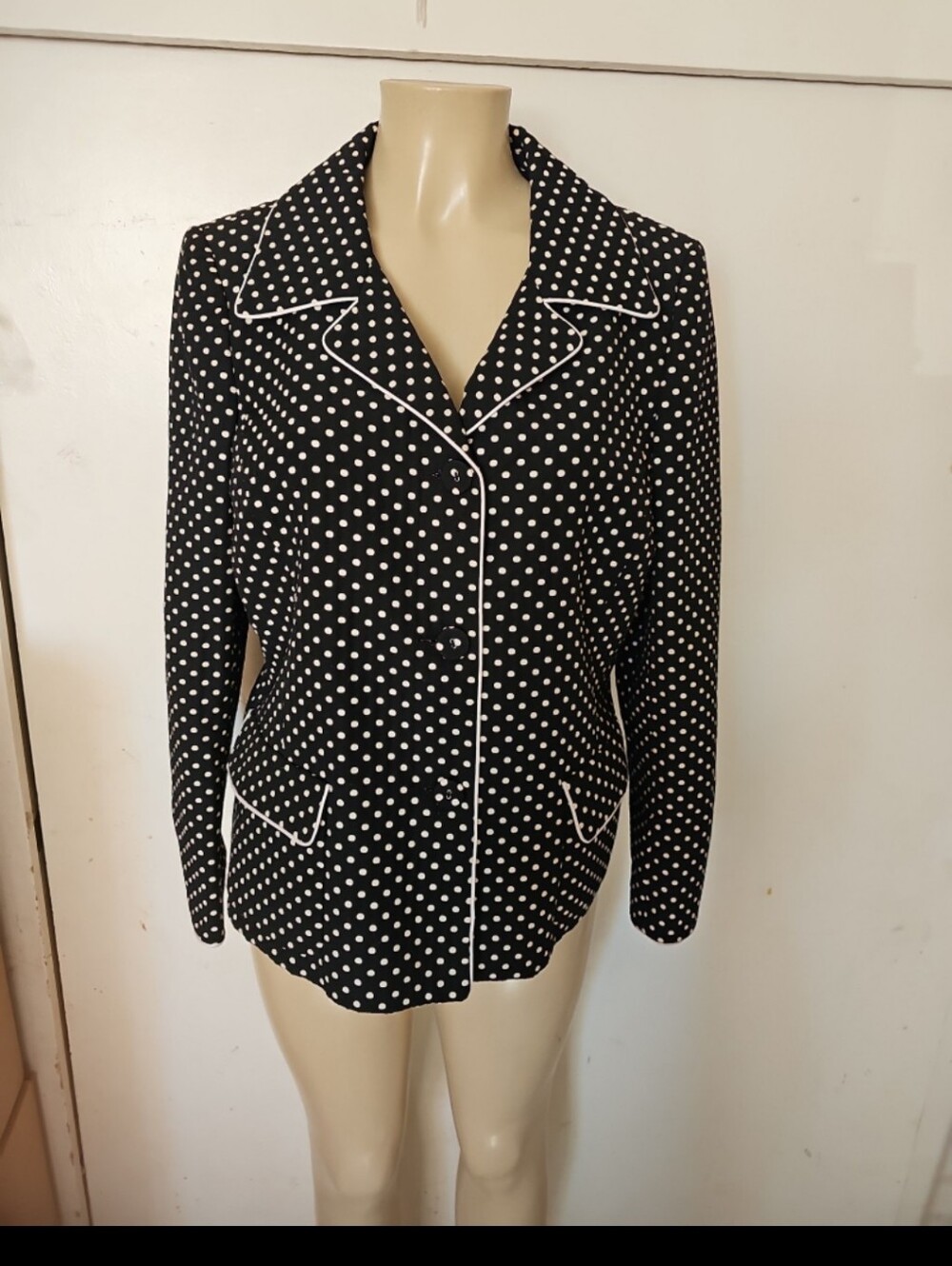 Kasper Black and White Polka Dot Blazer with White Piping